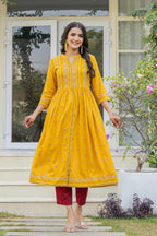 Juniper Mustard Floral Printed Cotton Kurta With Thread Work & Lace - Distacart