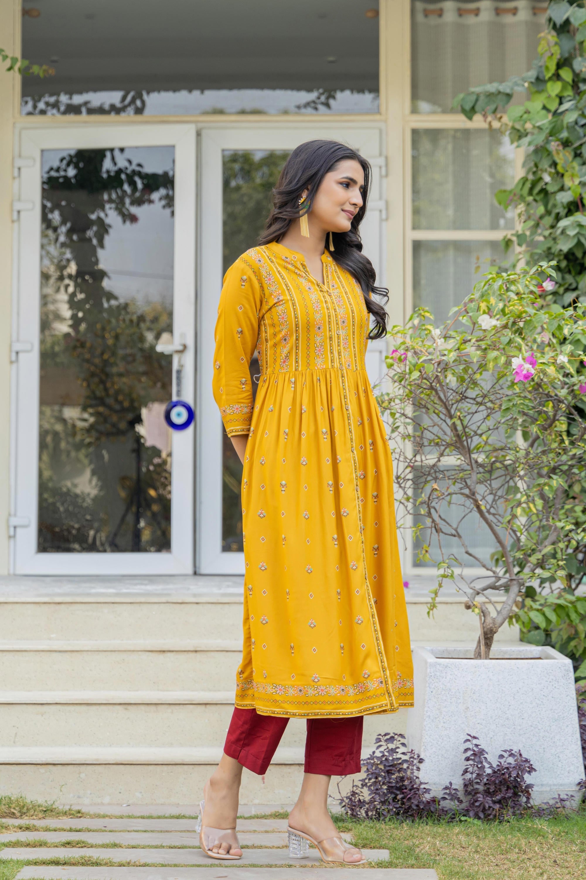 Juniper Mustard Floral Printed Cotton Kurta With Thread Work & Lace - Distacart
