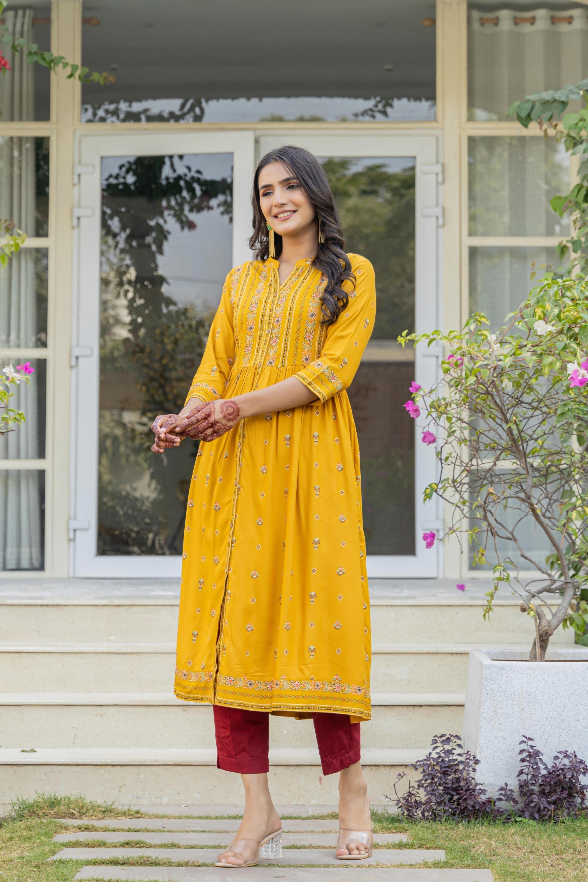 Juniper Mustard Floral Printed Cotton Kurta With Thread Work & Lace - Distacart