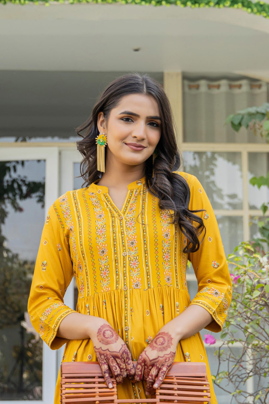 Juniper Mustard Floral Printed Cotton Kurta With Thread Work & Lace - Distacart