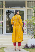 Juniper Mustard Floral Printed Cotton Kurta With Thread Work & Lace - Distacart