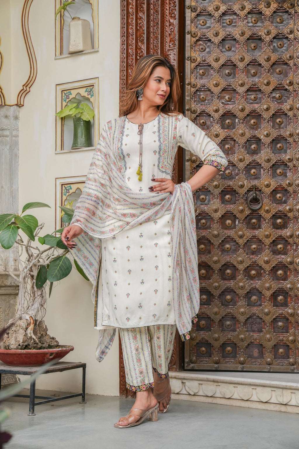 Juniper Off white printed kurta , Printed bottom and floral dupatta with dori and tassel - Distacart