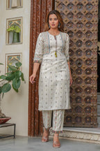 Juniper Off white printed kurta , Printed bottom and floral dupatta with dori and tassel - Distacart