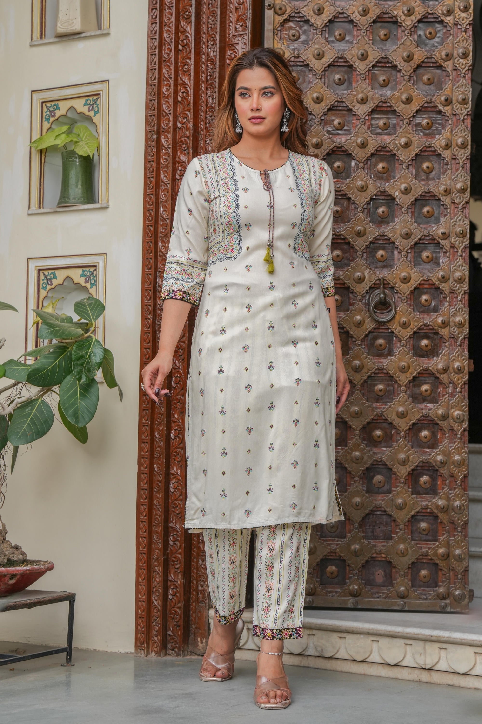 Juniper Off white printed kurta , Printed bottom and floral dupatta with dori and tassel - Distacart