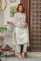 Juniper Off white printed kurta , Printed bottom and floral dupatta with dori and tassel - Distacart