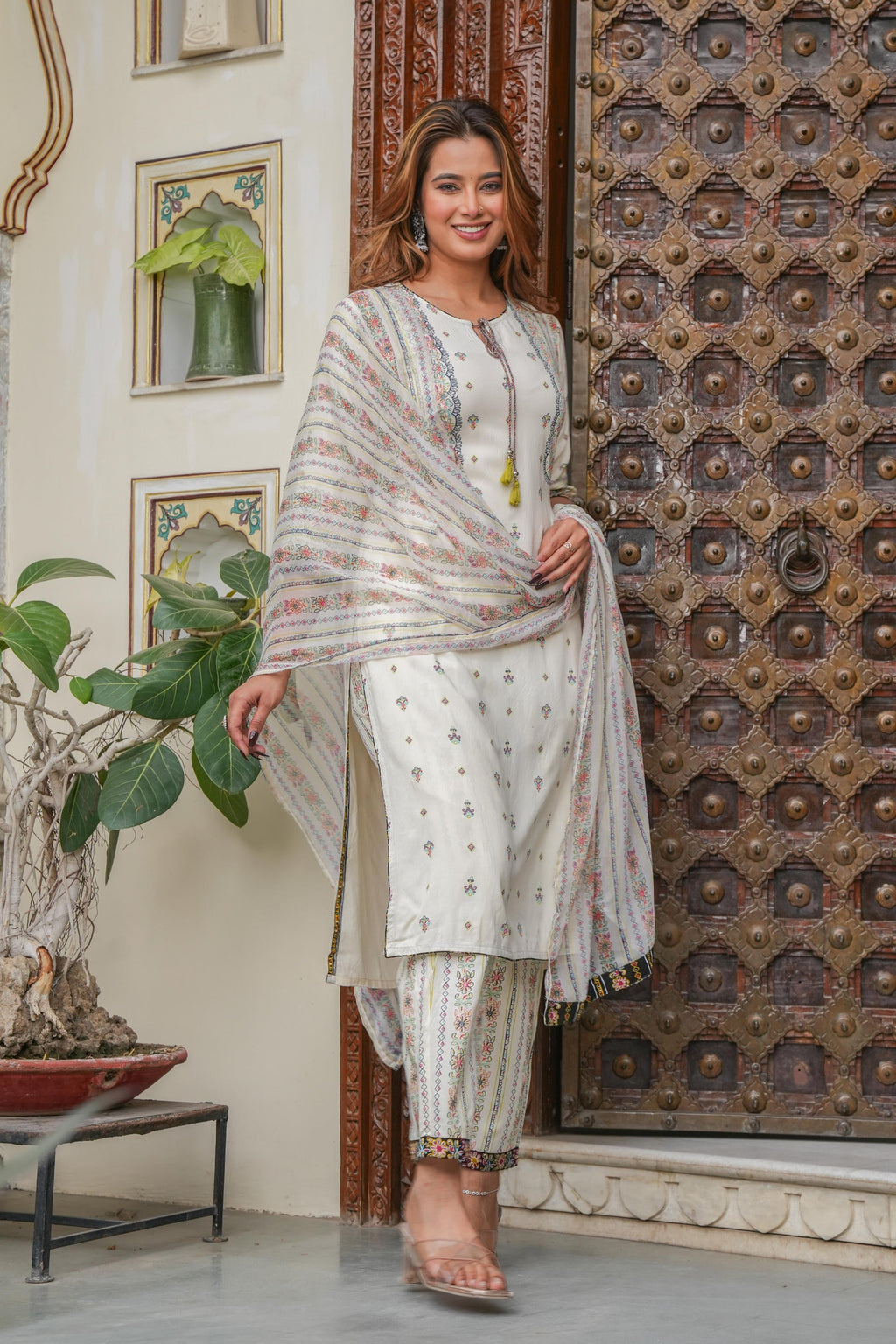 Juniper Off white printed kurta , Printed bottom and floral dupatta with dori and tassel - Distacart