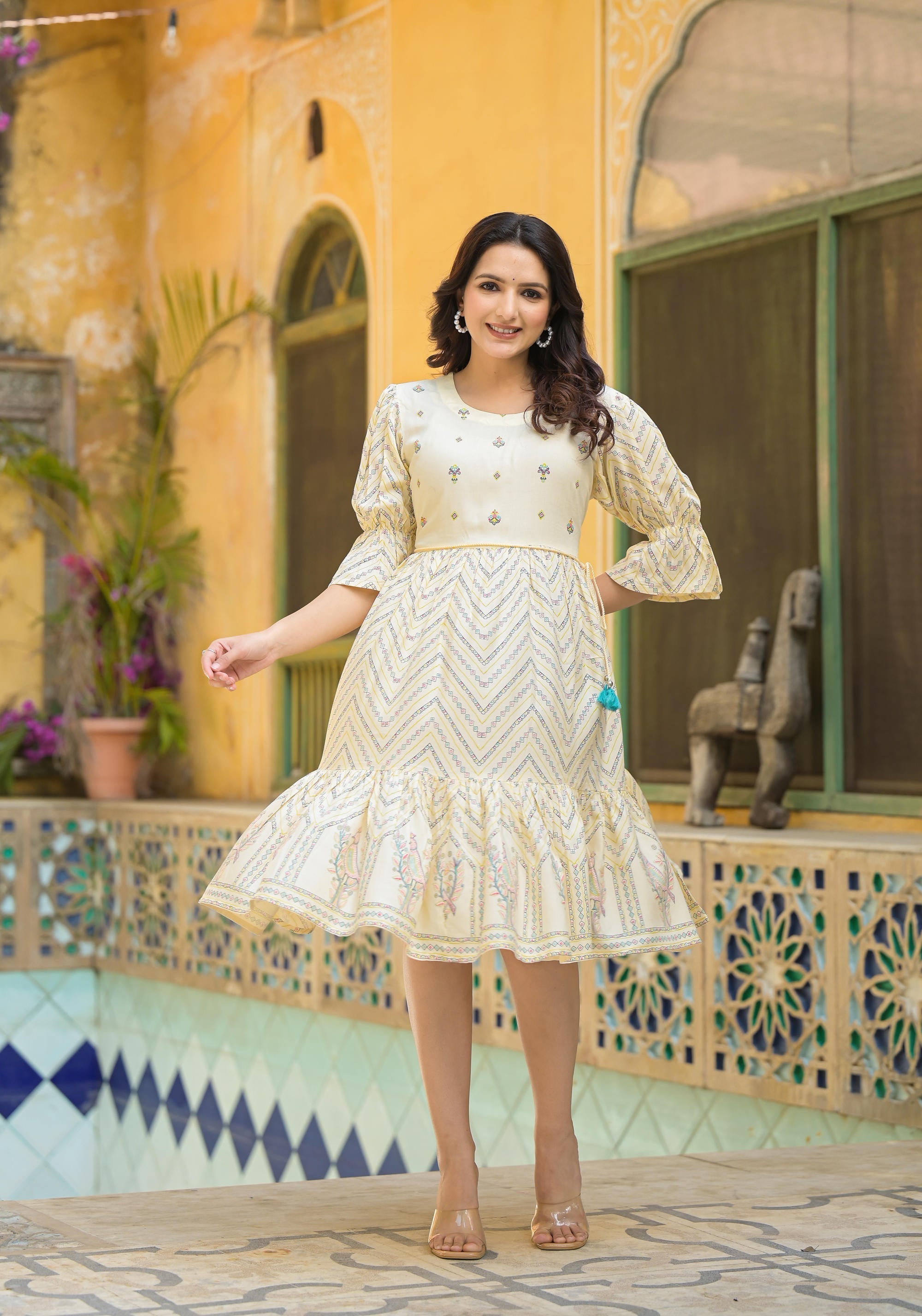Juniper Ivory Ethnic Motif Printed Viscose Short Dress With Dori - Distacart