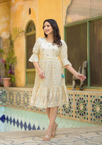 Juniper Ivory Ethnic Motif Printed Viscose Short Dress With Dori - Distacart