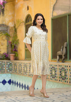 Juniper Ivory Ethnic Motif Printed Viscose Short Dress With Dori - Distacart