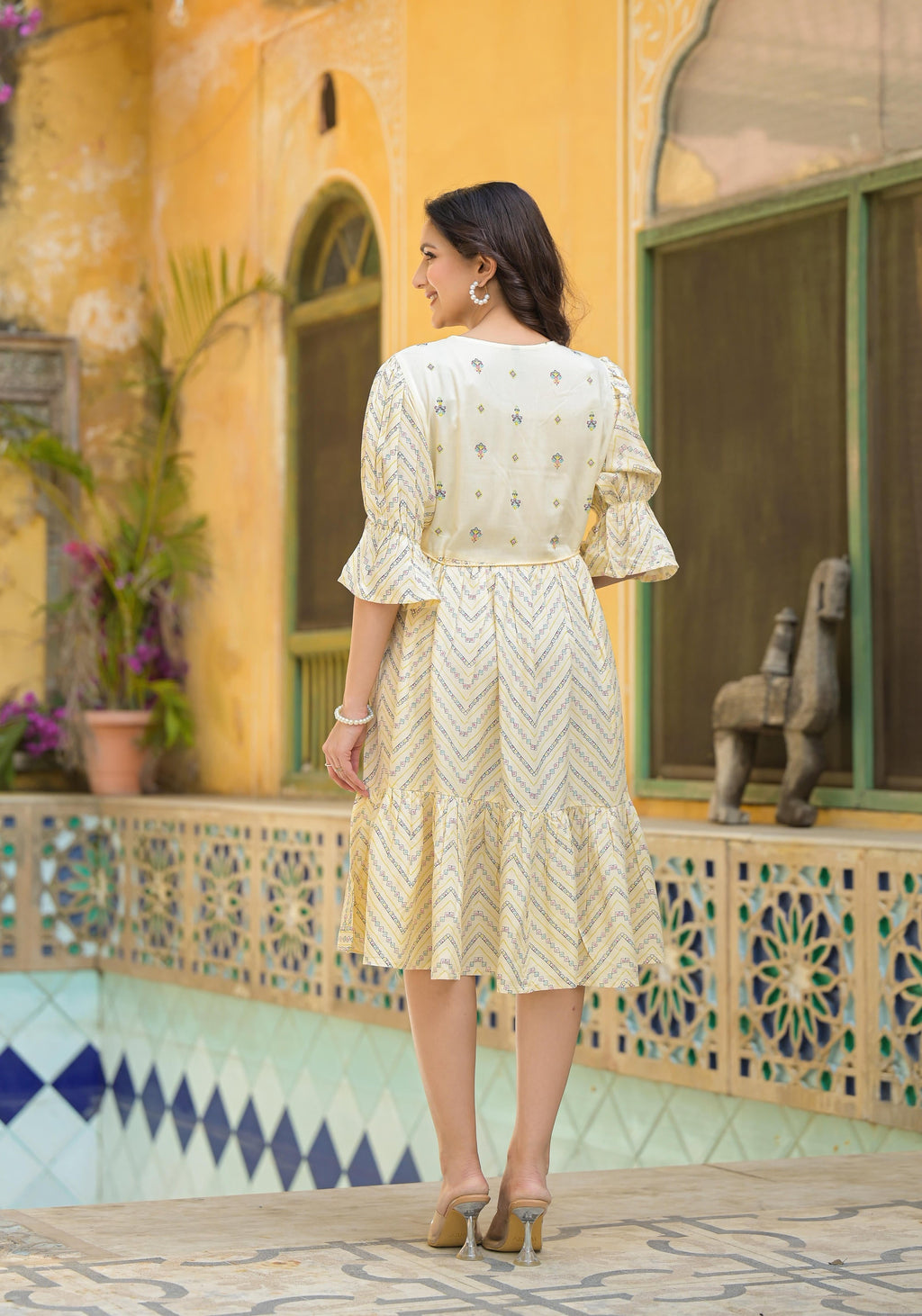 Juniper Ivory Ethnic Motif Printed Viscose Short Dress With Dori - Distacart