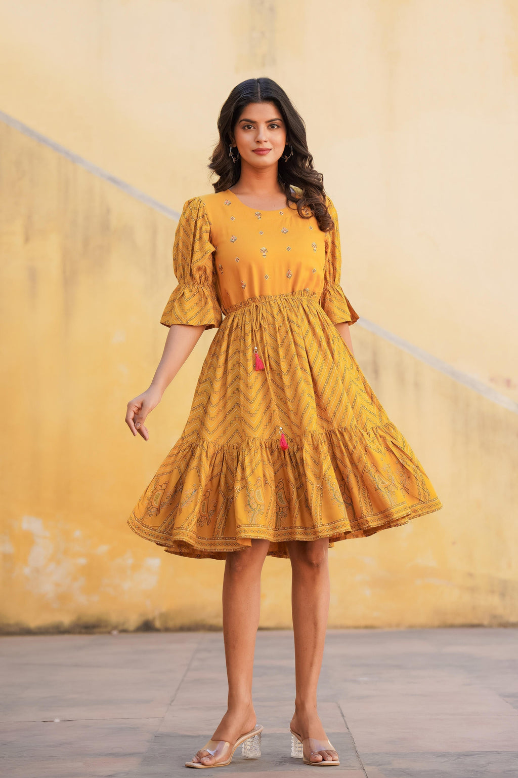 Juniper Mustard Ethnic Motif Printed Viscose Short Dress With Dori - Distacart