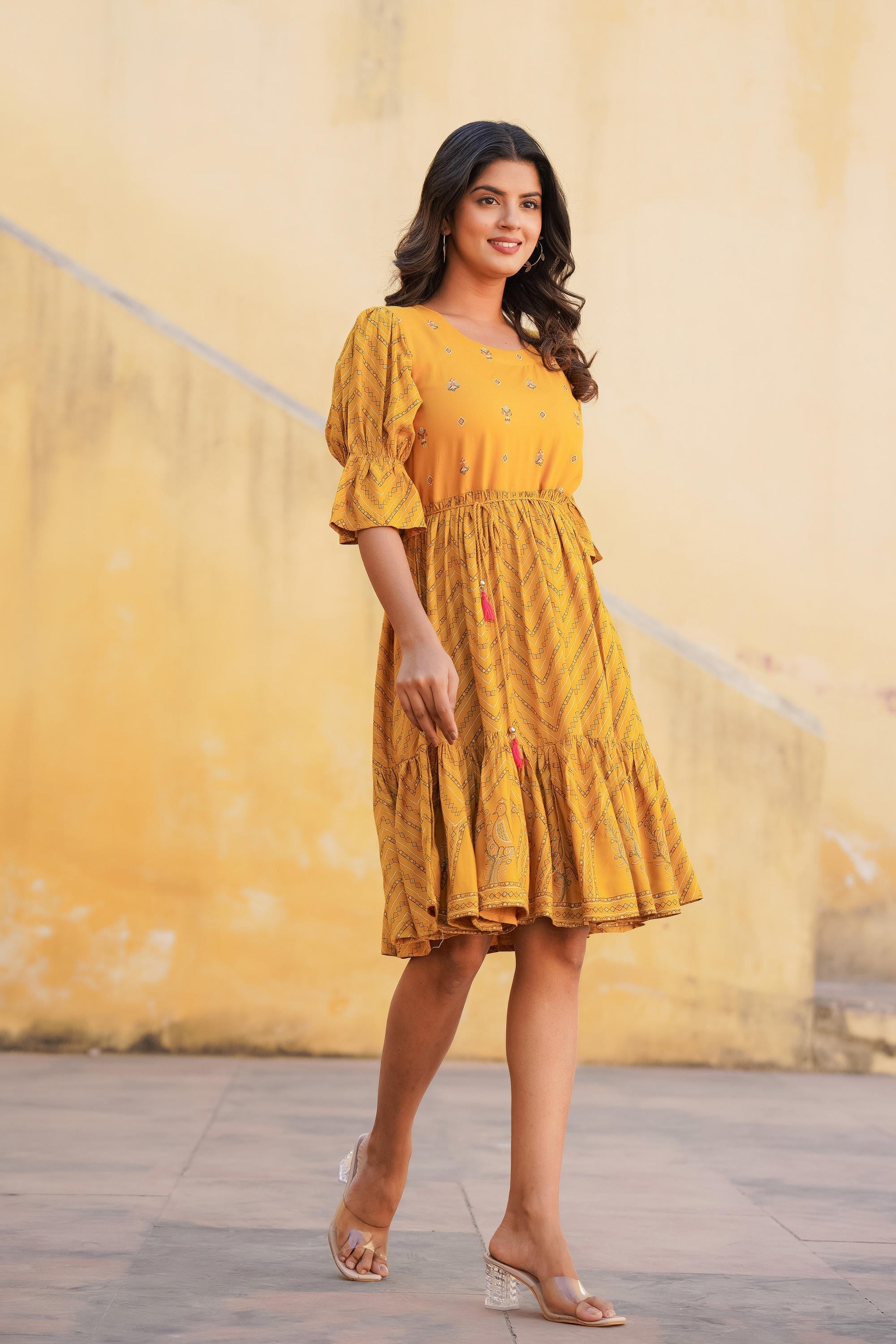 Juniper Mustard Ethnic Motif Printed Viscose Short Dress With Dori - Distacart