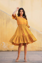 Juniper Mustard Ethnic Motif Printed Viscose Short Dress With Dori - Distacart