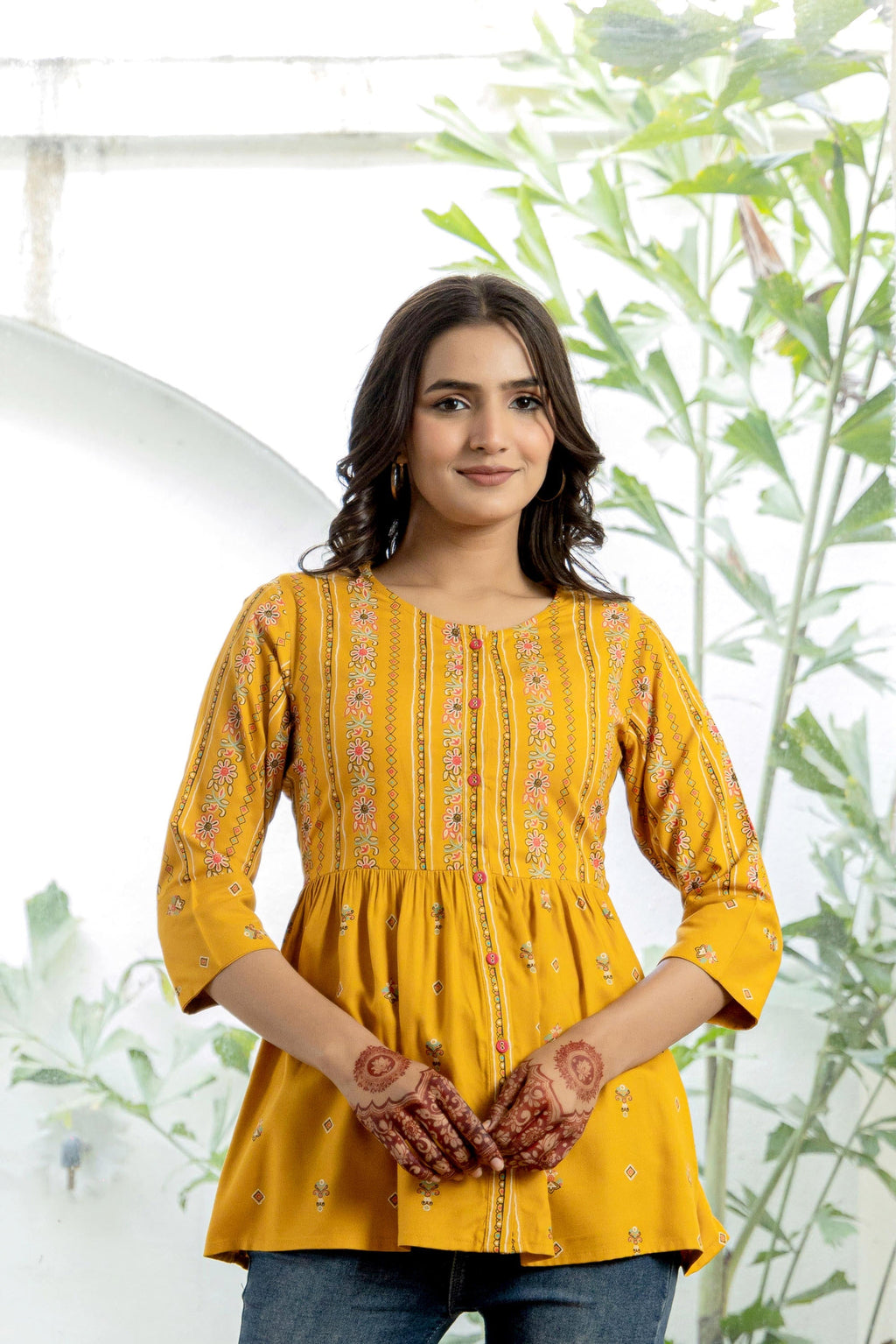 Juniper Mustard Floral Printed Viscose Tunic With Buttons