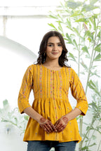 Juniper Mustard Floral Printed Viscose Tunic With Buttons