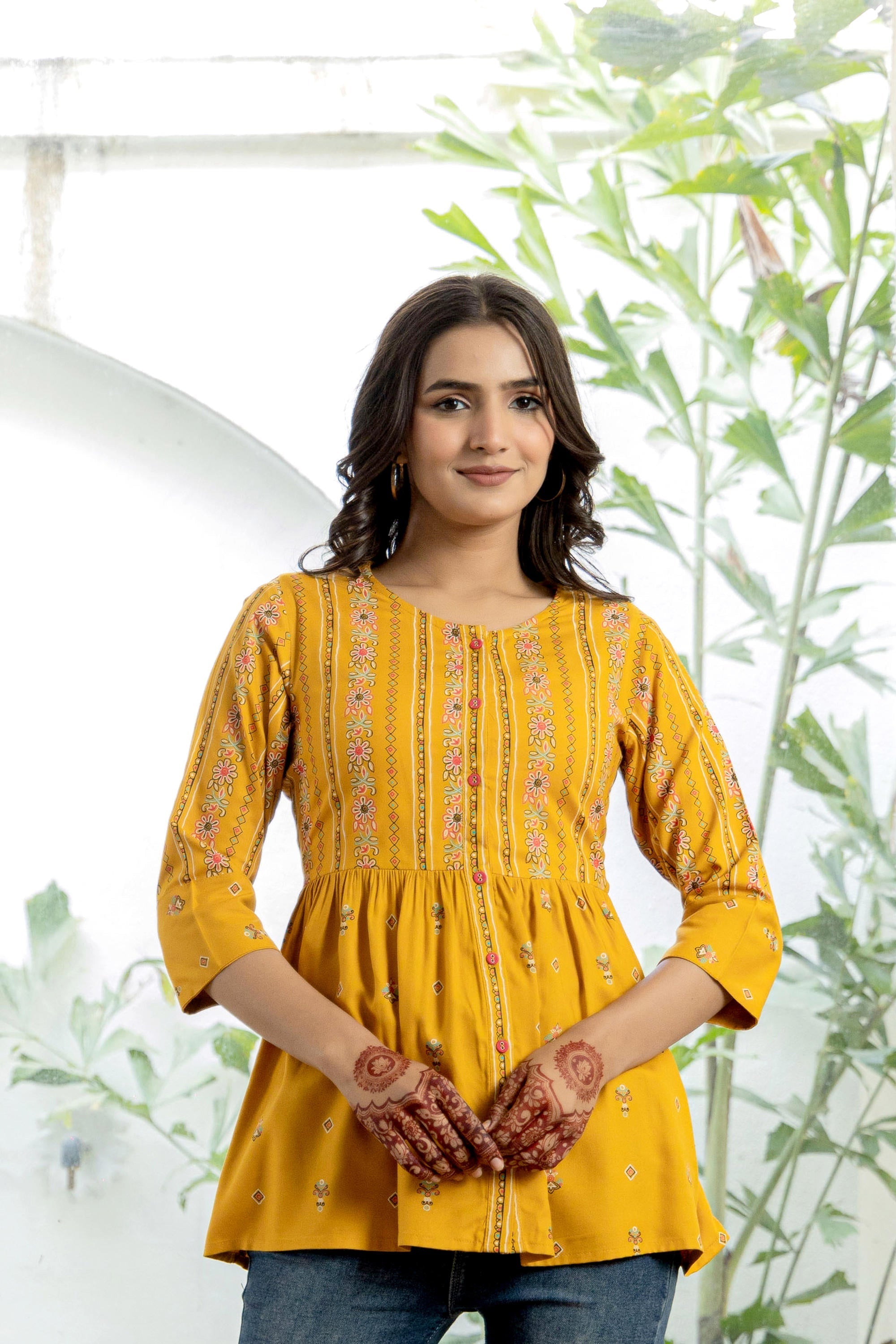 Juniper Mustard Floral Printed Viscose Tunic With Buttons