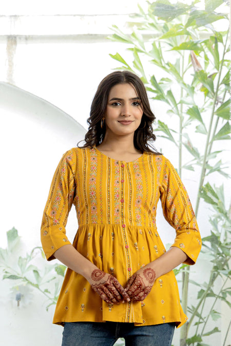 Juniper Mustard Floral Printed Viscose Tunic With Buttons