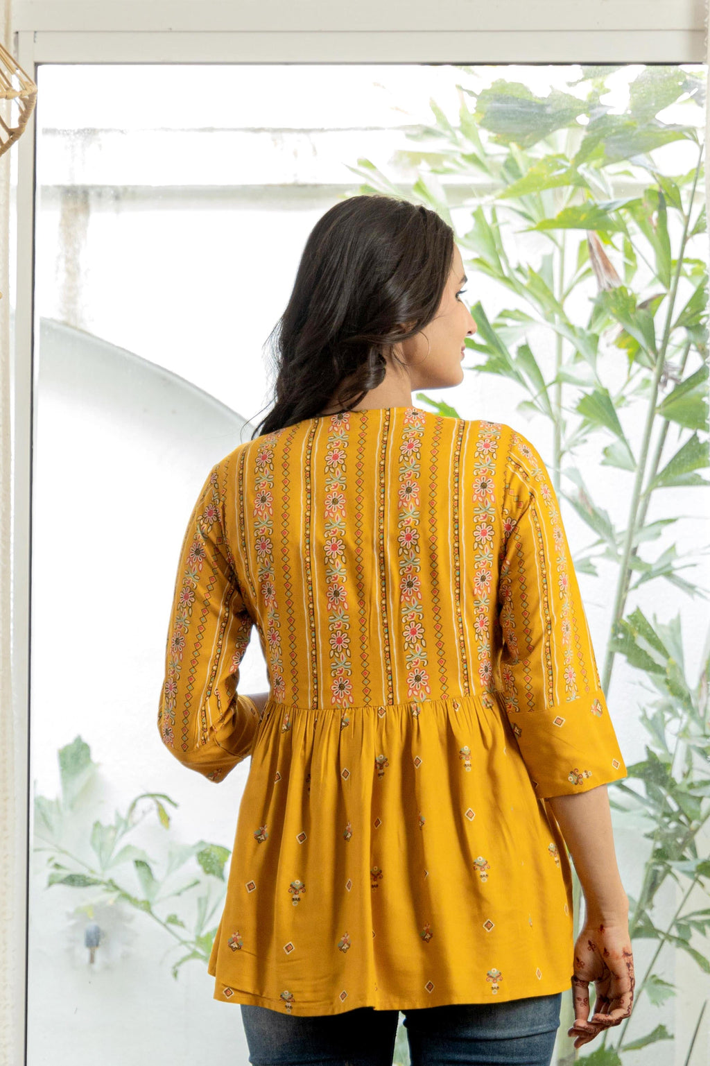 Juniper Mustard Floral Printed Viscose Tunic With Buttons