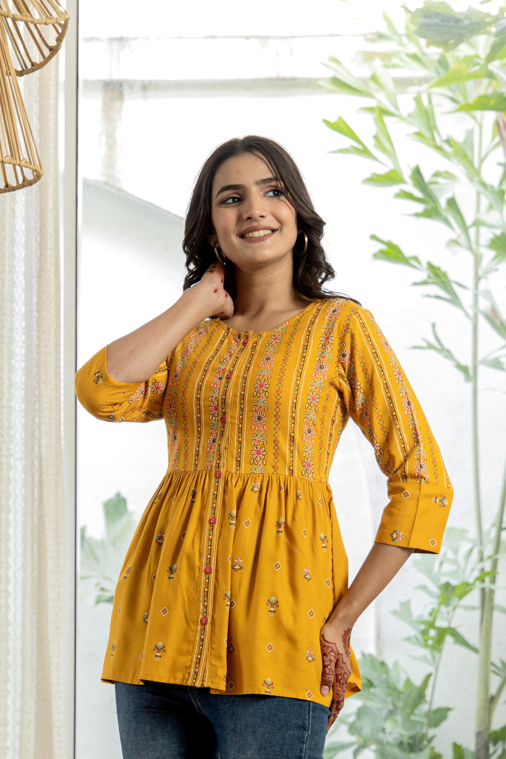 Juniper Mustard Floral Printed Viscose Tunic With Buttons