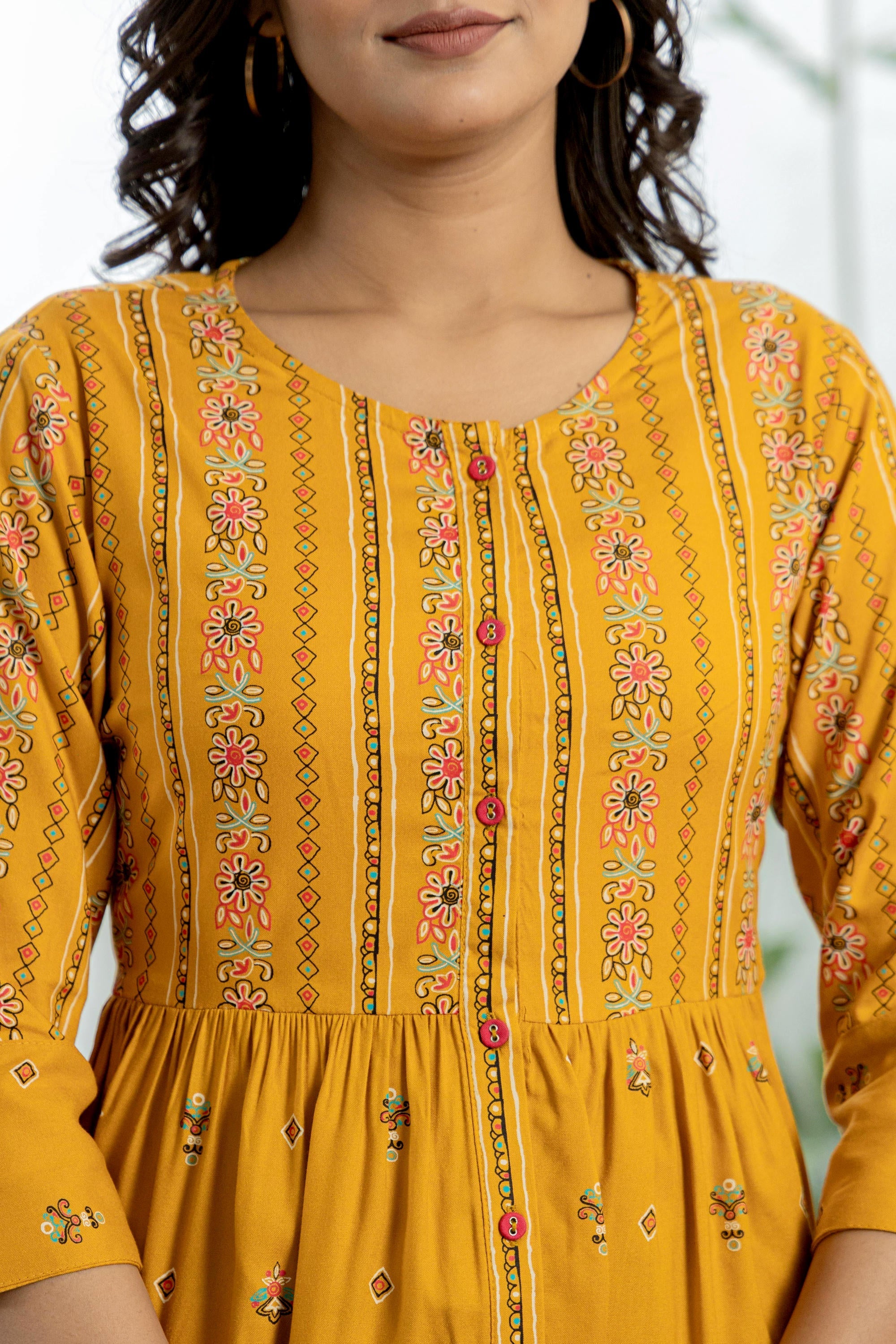 Juniper Mustard Floral Printed Viscose Tunic With Buttons