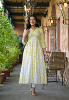 Juniper Off White & Lime Floral Printed Viscose Kurta With Sequins & Thread Work - Distacart