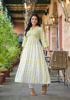 Juniper Women's Off White & Lime Floral Printed Viscose Kurta With Sequins & Thread Work - Distacart