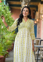 Juniper Women's Off White & Lime Floral Printed Viscose Kurta With Sequins & Thread Work - Distacart