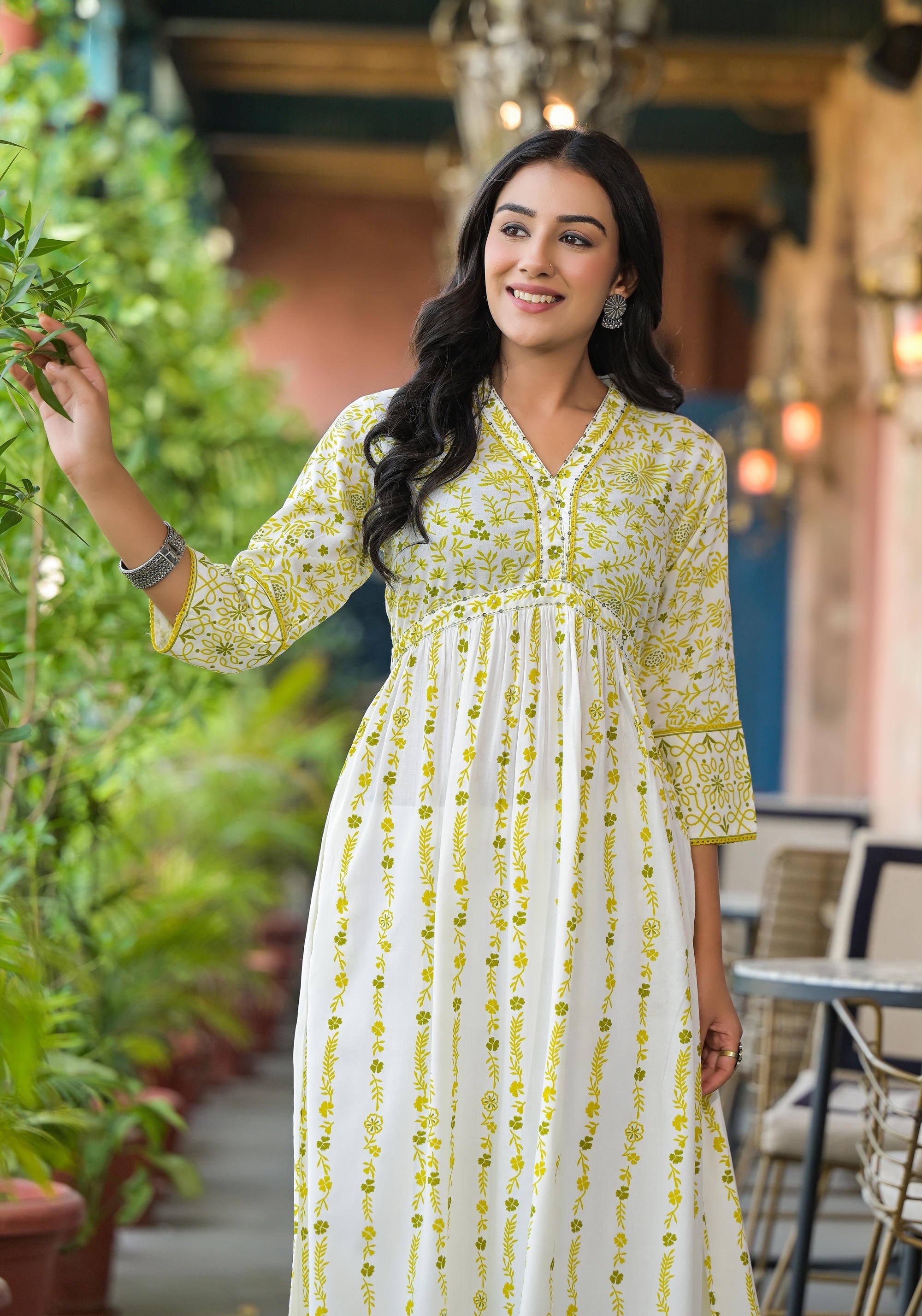 Juniper Off White & Lime Floral Printed Viscose Kurta With Sequins & Thread Work - Distacart