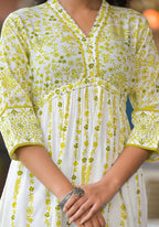 Juniper Women's Off White & Lime Floral Printed Viscose Kurta With Sequins & Thread Work - Distacart