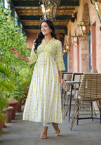 Juniper Women's Off White & Lime Floral Printed Viscose Kurta With Sequins & Thread Work - Distacart