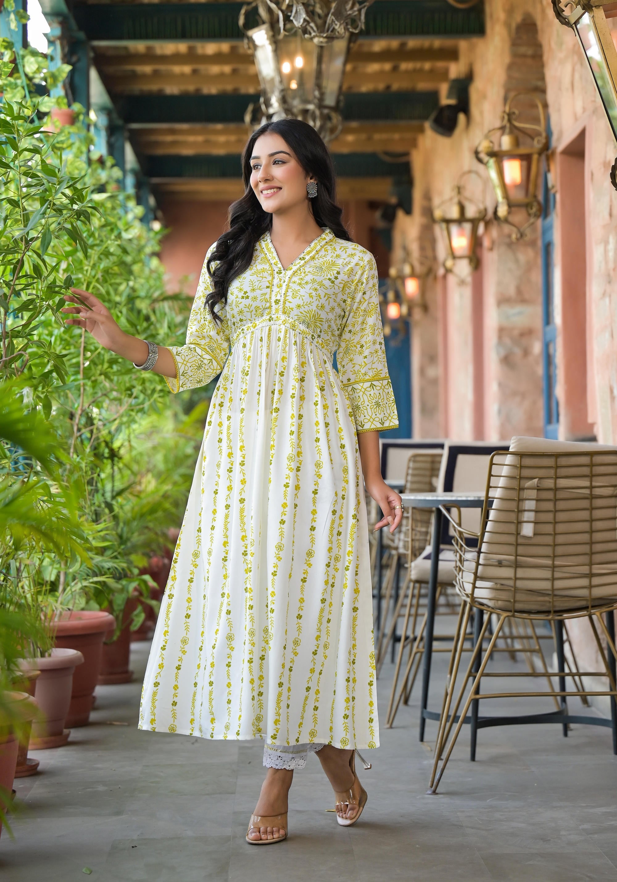 Juniper Women's Off White & Lime Floral Printed Viscose Kurta With Sequins & Thread Work - Distacart