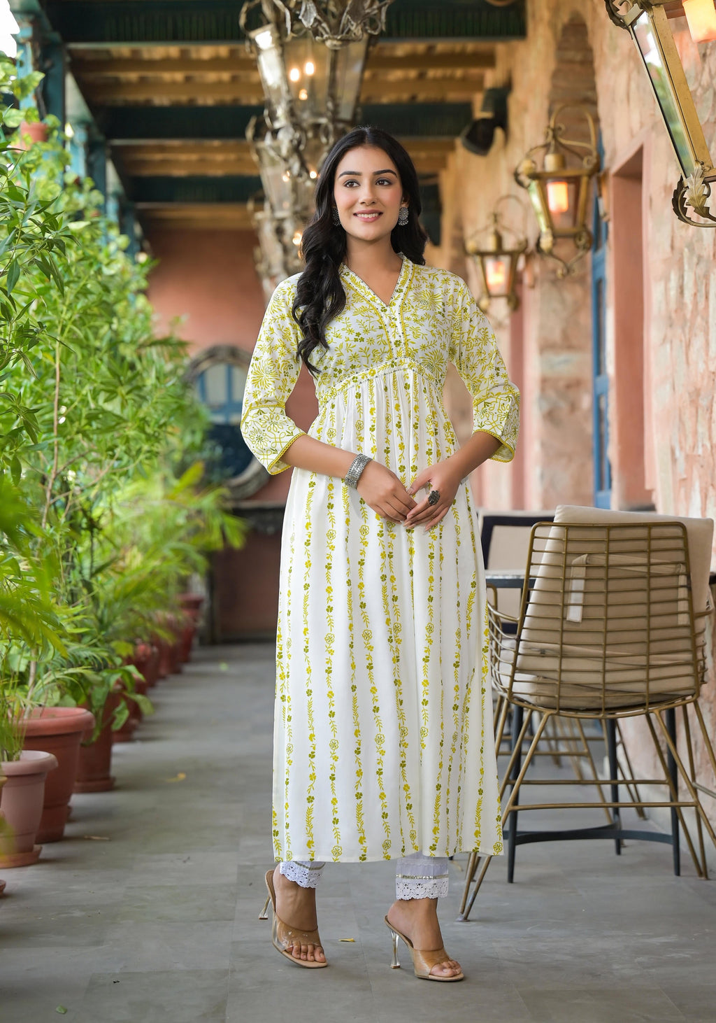 Juniper Women's Off White & Lime Floral Printed Viscose Kurta With Sequins & Thread Work - Distacart