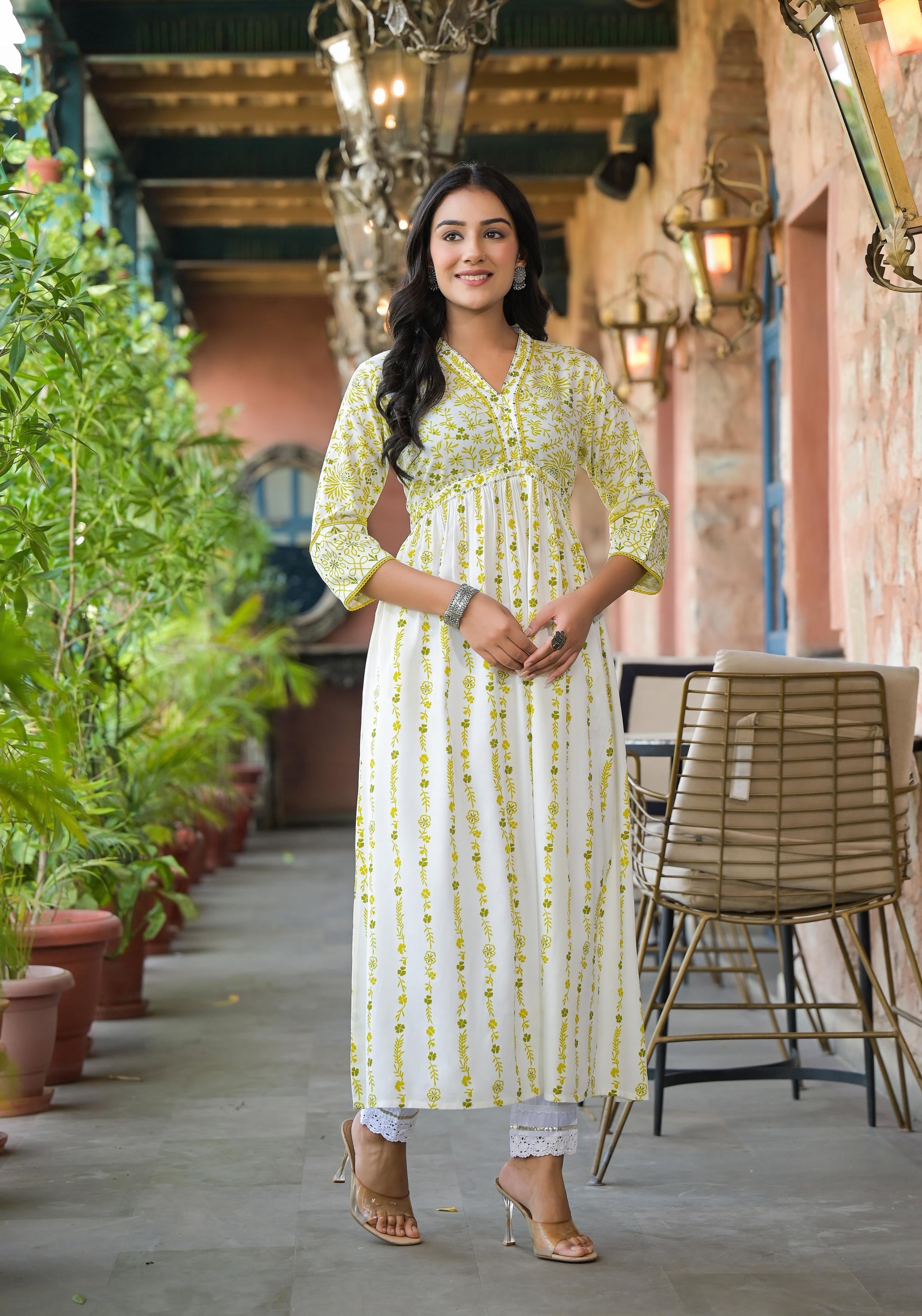 Juniper Women's Off White & Lime Floral Printed Viscose Kurta With Sequins & Thread Work - Distacart