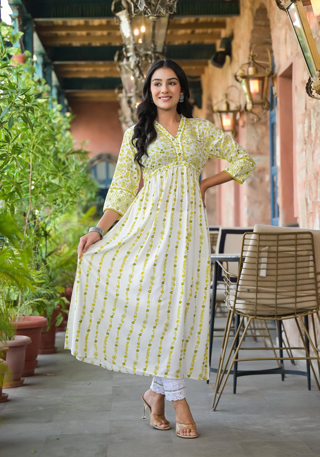 Juniper Women's Off White & Lime Floral Printed Viscose Kurta With Sequins & Thread Work - Distacart