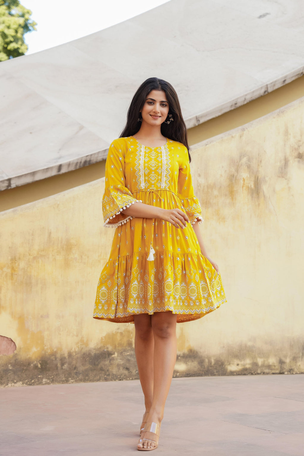 Juniper Mustard Ethnic Motif Printed Viscose Short Dress With Doris & Tassels - Distacart