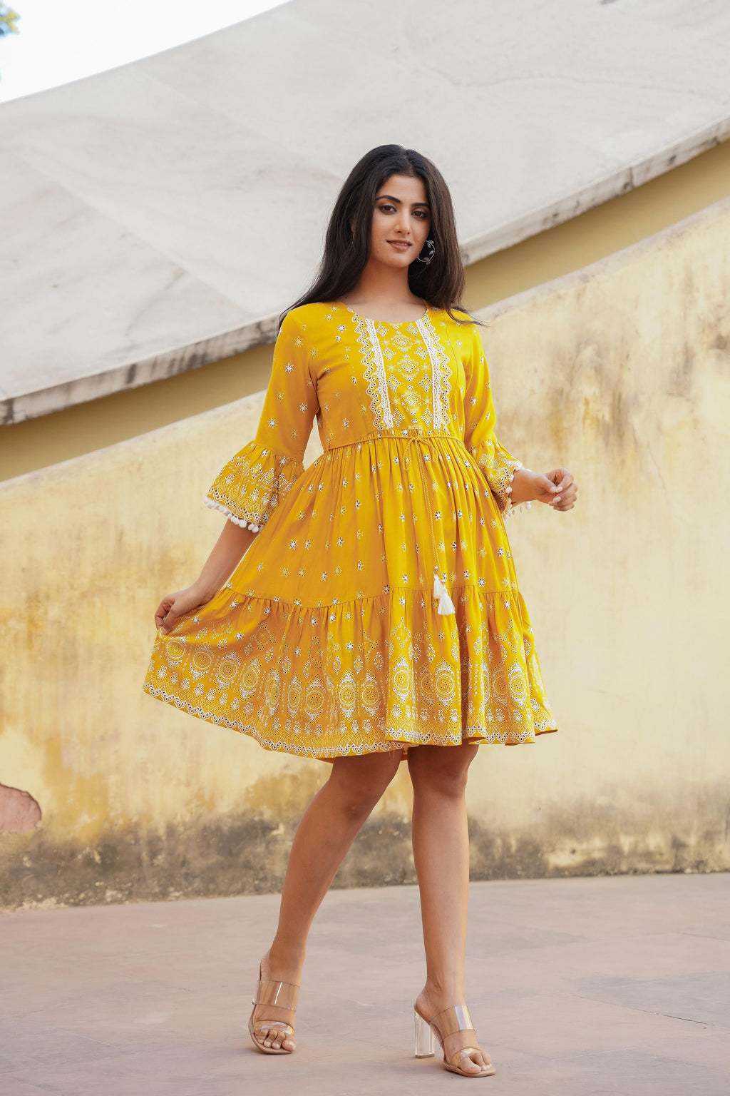 Juniper Mustard Ethnic Motif Printed Viscose Short Dress With Doris & Tassels - Distacart