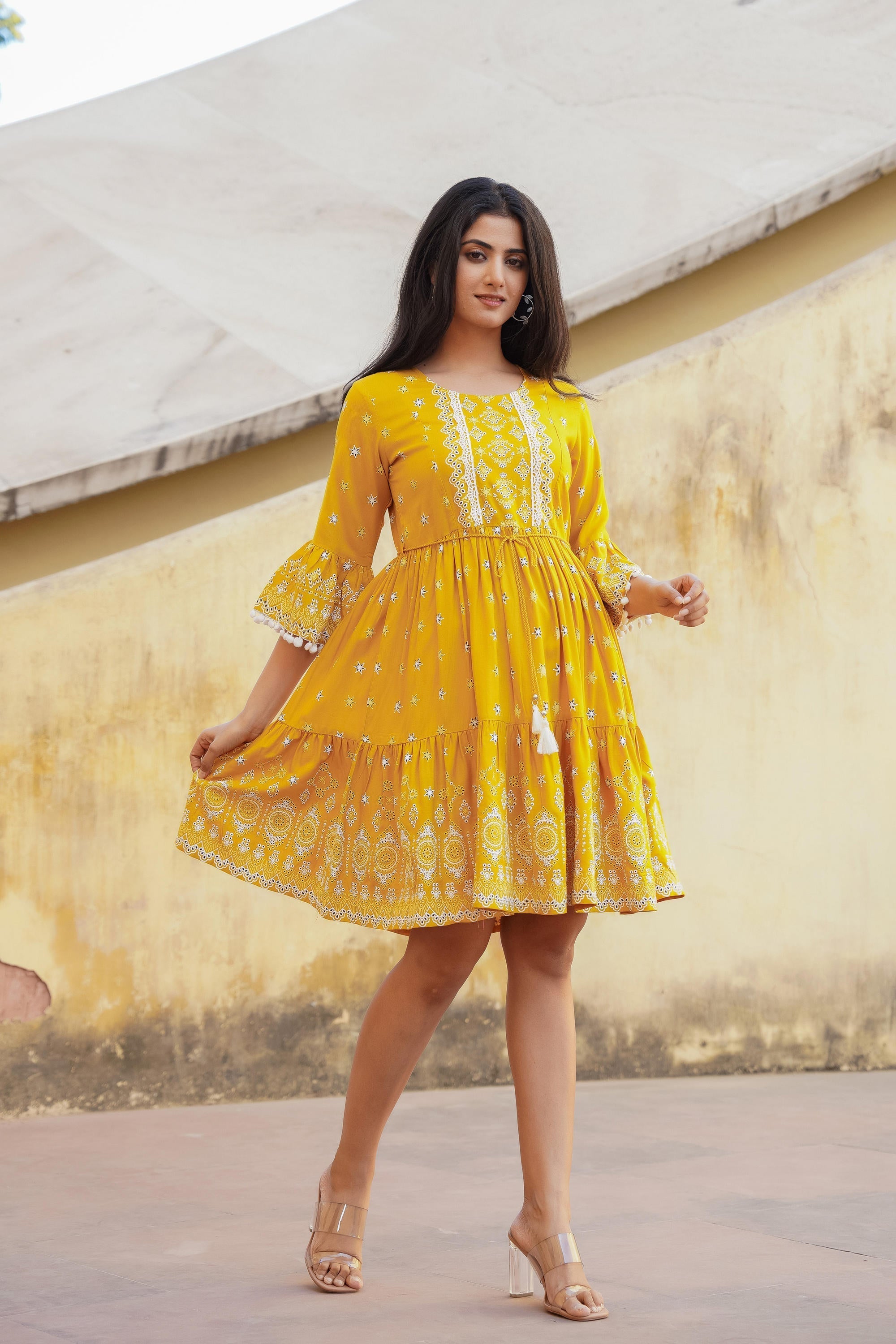 Juniper Mustard Ethnic Motif Printed Viscose Short Dress With Doris & Tassels - Distacart