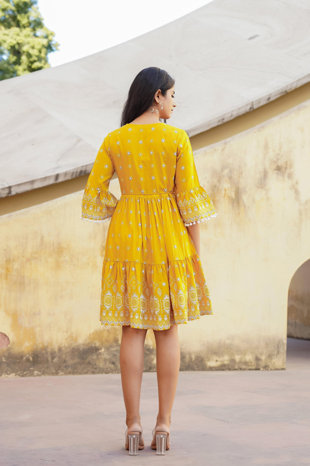 Juniper Mustard Ethnic Motif Printed Viscose Short Dress With Doris & Tassels - Distacart