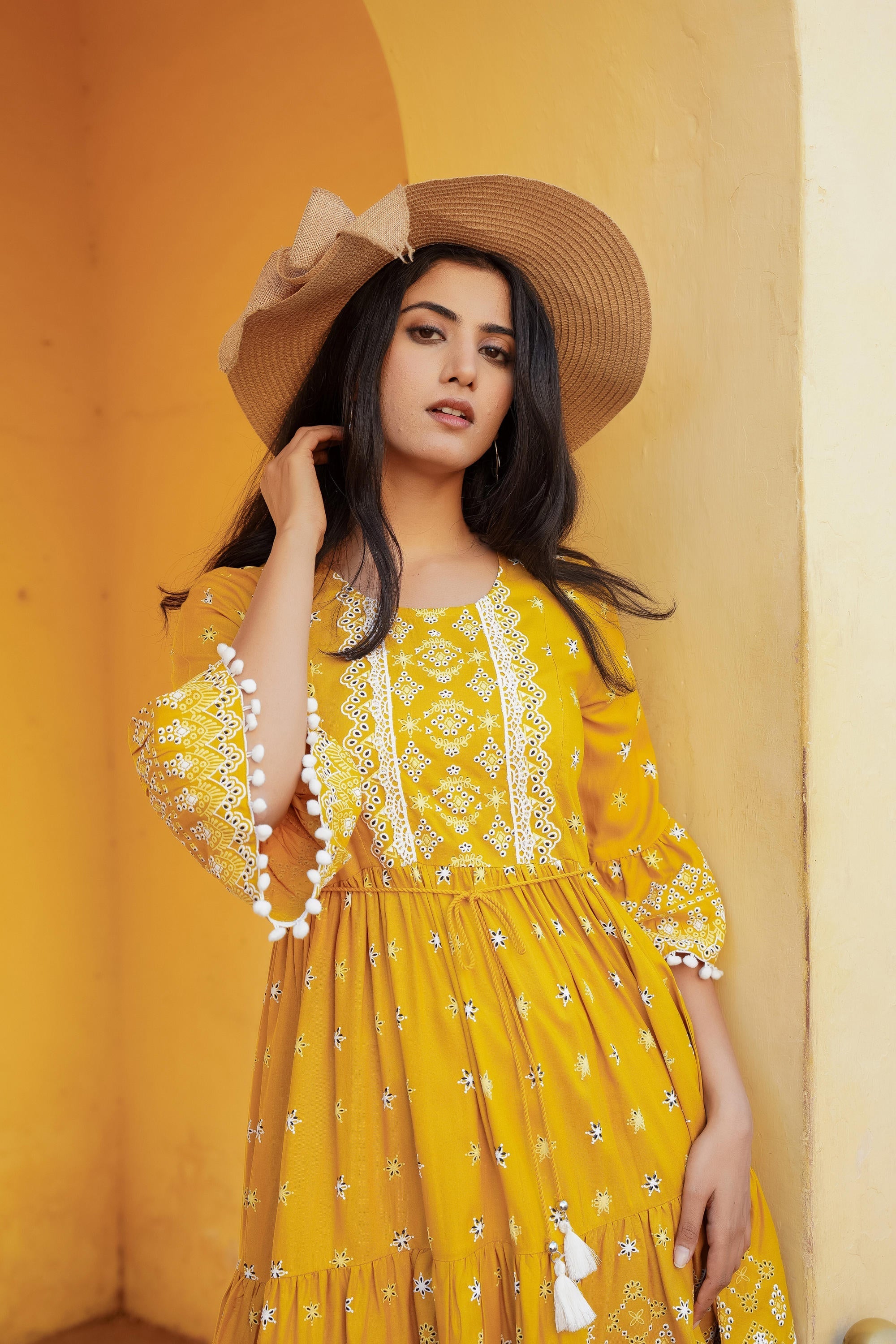 Juniper Mustard Ethnic Motif Printed Viscose Short Dress With Doris & Tassels - Distacart