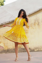 Juniper Women's Mustard Ethnic Motif Printed Viscose Short Dress With Doris & Tassels - Distacart