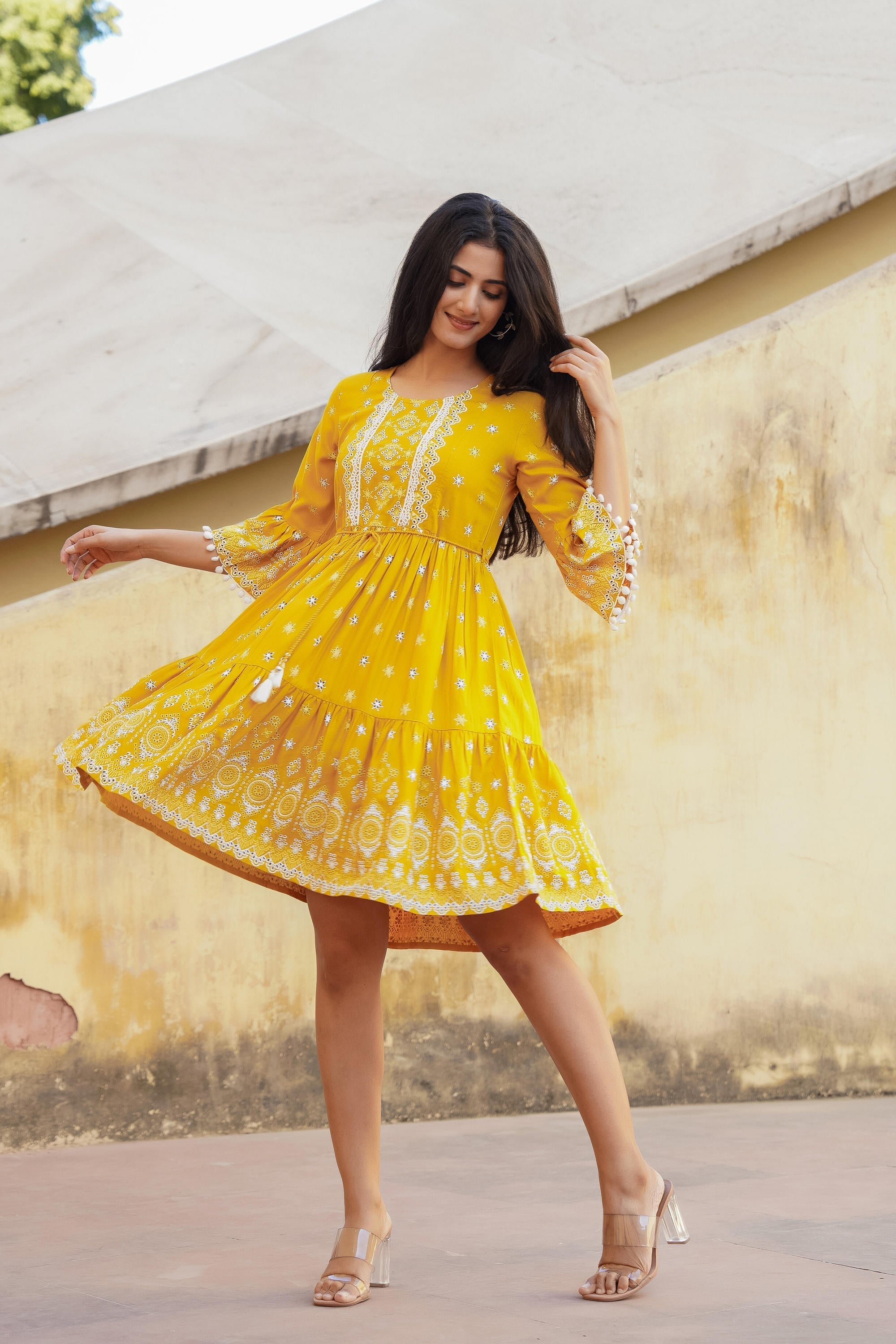 Juniper Women's Mustard Ethnic Motif Printed Viscose Short Dress With Doris & Tassels - Distacart