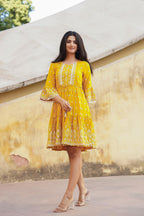 Juniper Women's Mustard Ethnic Motif Printed Viscose Short Dress With Doris & Tassels - Distacart