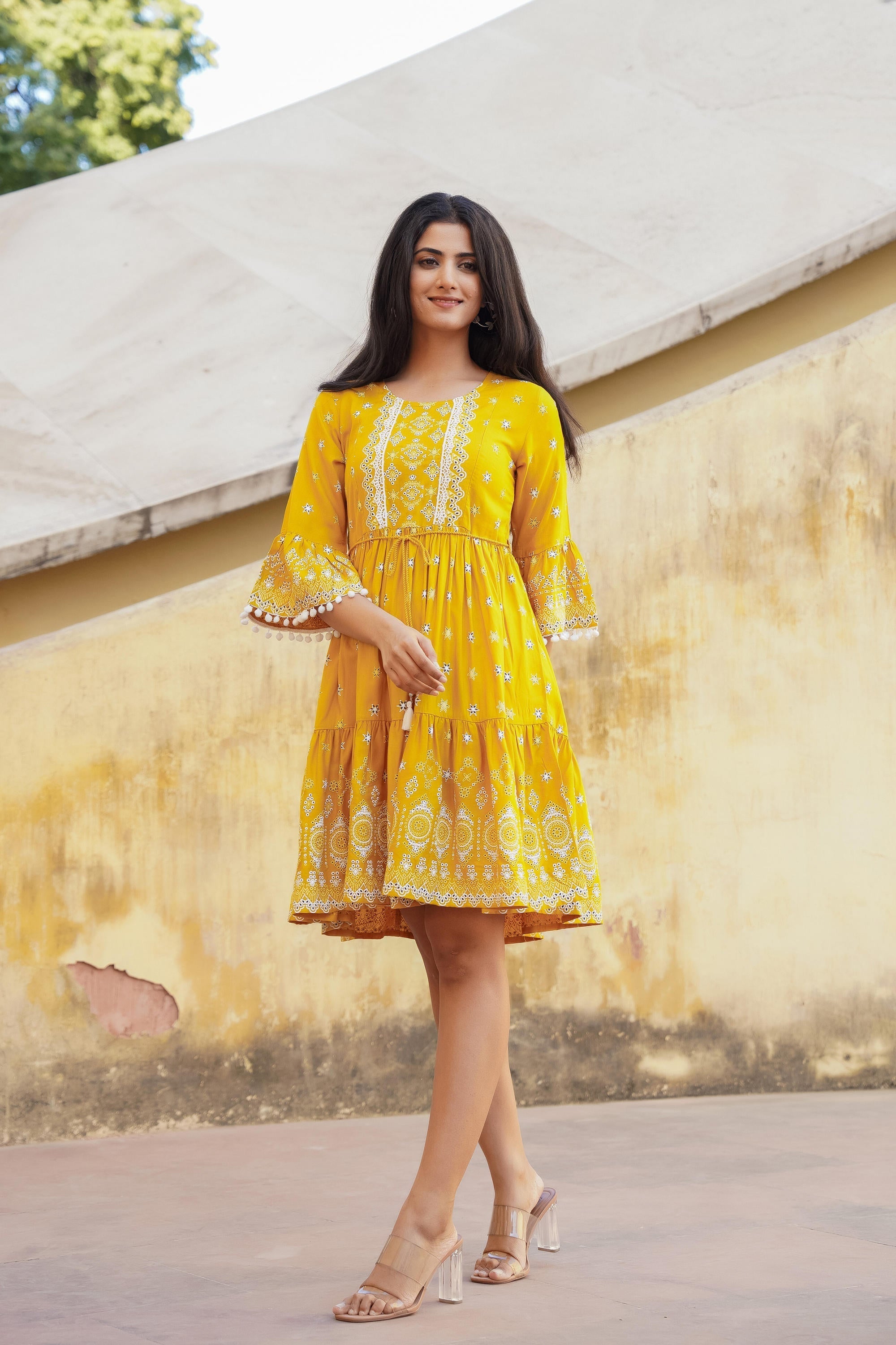Juniper Women's Mustard Ethnic Motif Printed Viscose Short Dress With Doris & Tassels - Distacart