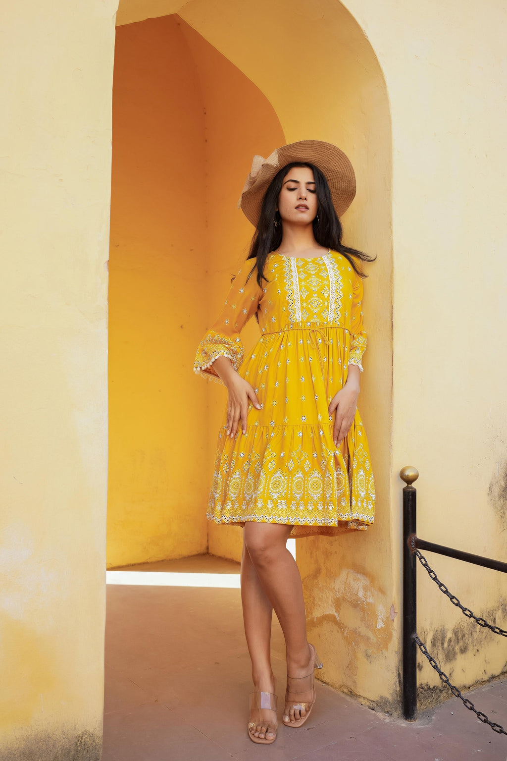 Juniper Women's Mustard Ethnic Motif Printed Viscose Short Dress With Doris & Tassels - Distacart