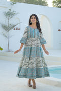 Juniper Sky Blue Ethnic Motif Printed Cotton Long Dress With Doris & Tassels - Distacart
