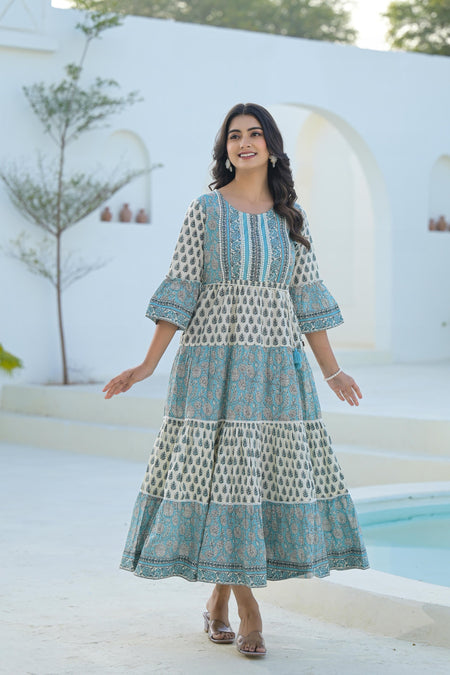 Juniper Sky Blue Ethnic Motif Printed Cotton Long Dress With Doris & Tassels