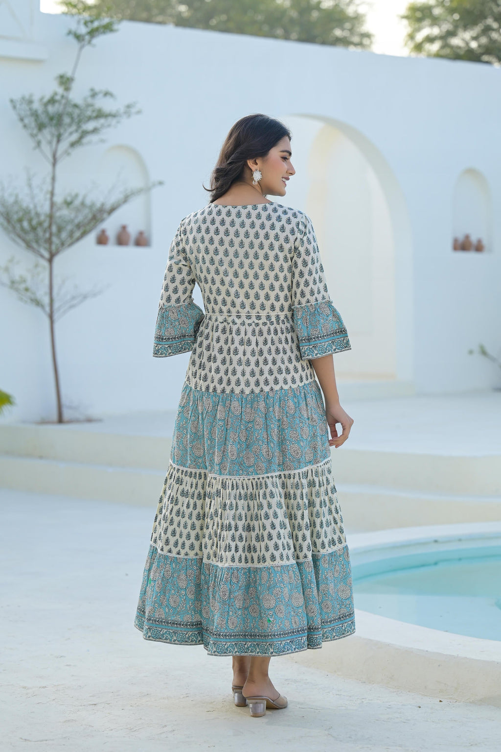 Juniper Women's Sky Blue Ethnic Motif Printed Cotton Long Dress With Doris & Tassels - Distacart
