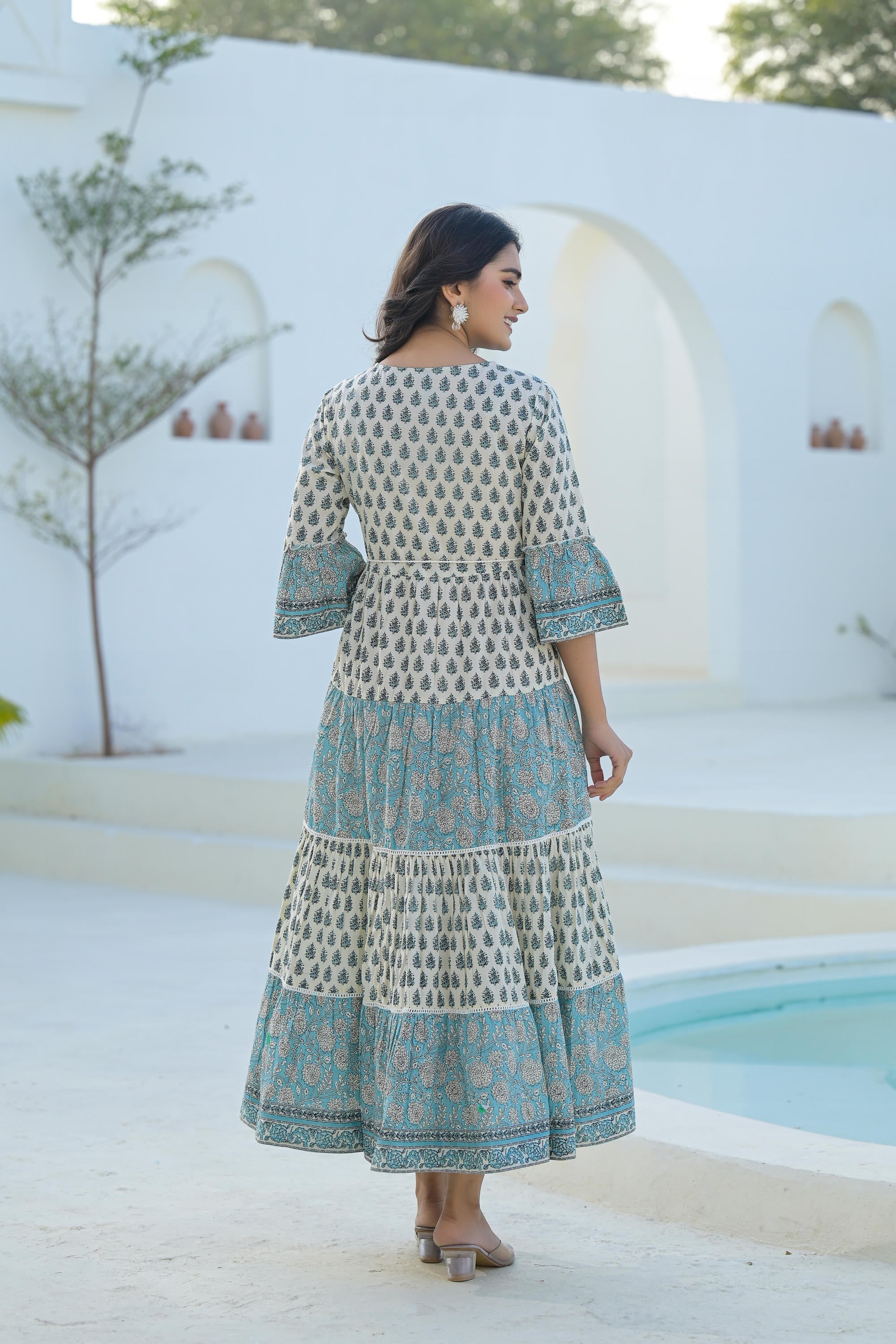 Juniper Sky Blue Ethnic Motif Printed Cotton Long Dress With Doris & Tassels - Distacart
