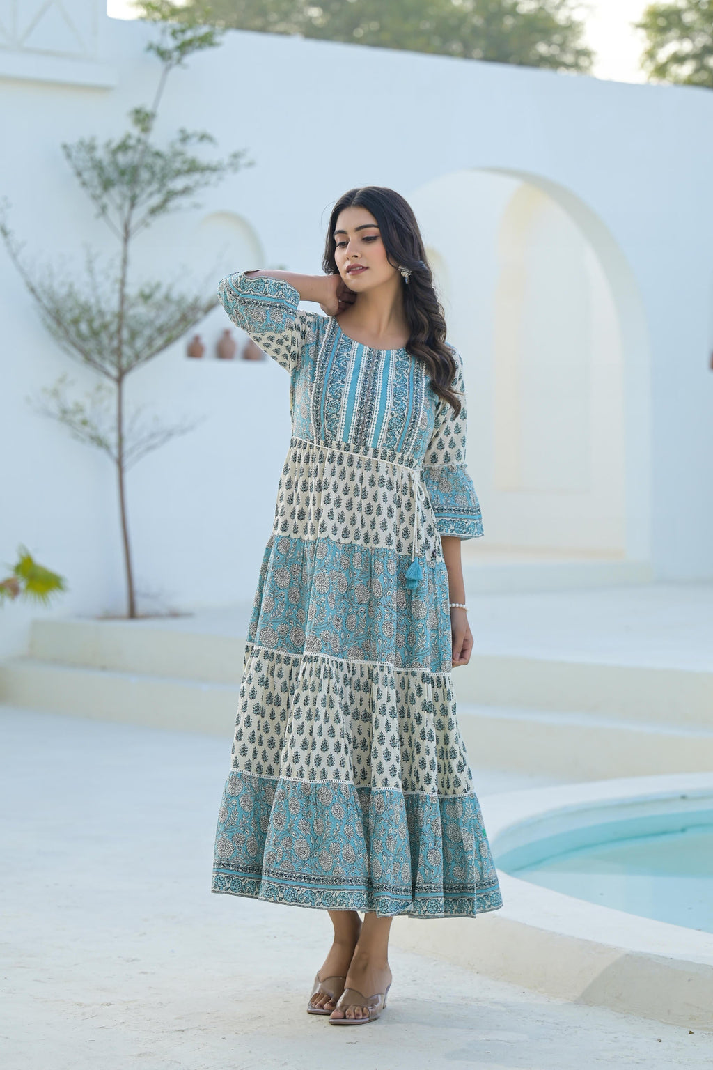 Juniper Sky Blue Ethnic Motif Printed Cotton Long Dress With Doris & Tassels - Distacart