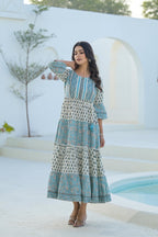 Juniper Sky Blue Ethnic Motif Printed Cotton Long Dress With Doris & Tassels - Distacart